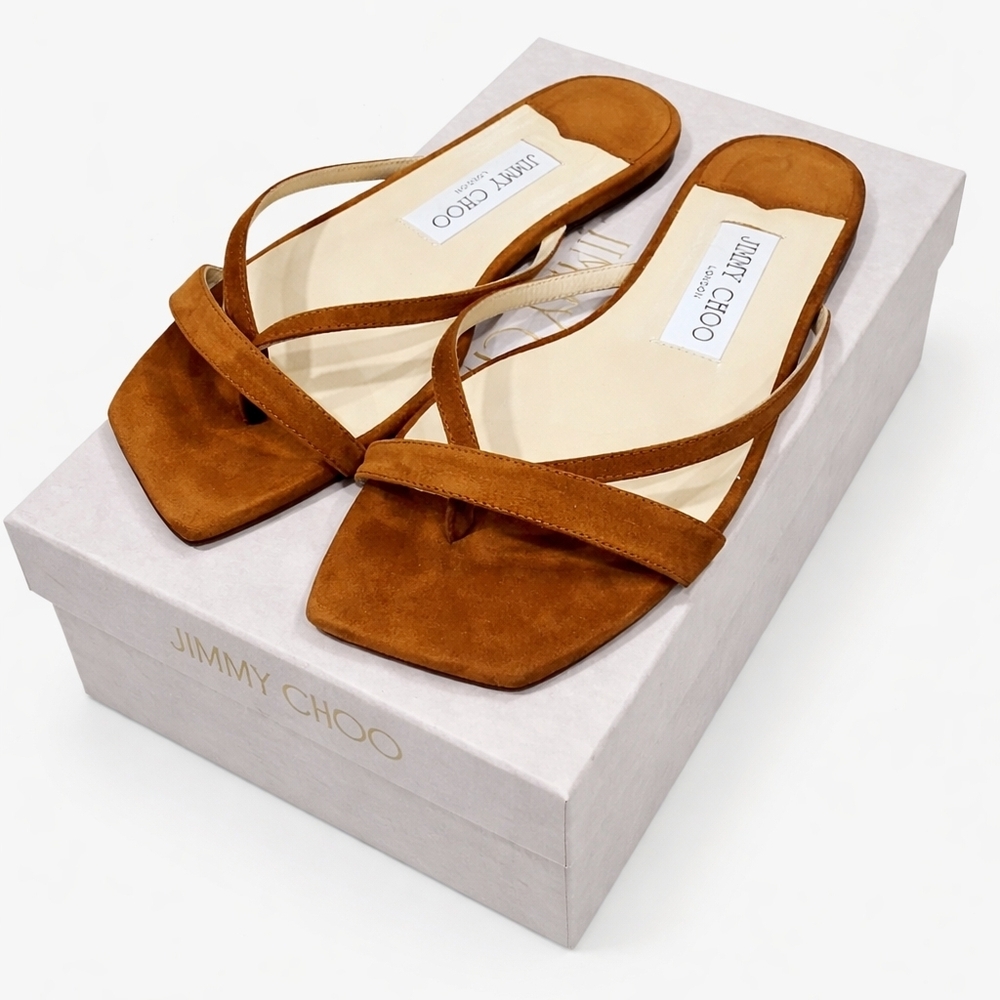 Jimmy Choo Maelie Flat Sandals Tan Suede Size 36 Strappy‎ Thong w/ Box